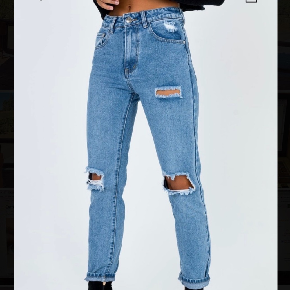 Princess Polly Hayden Knee Rip Jeans Midwash Denim